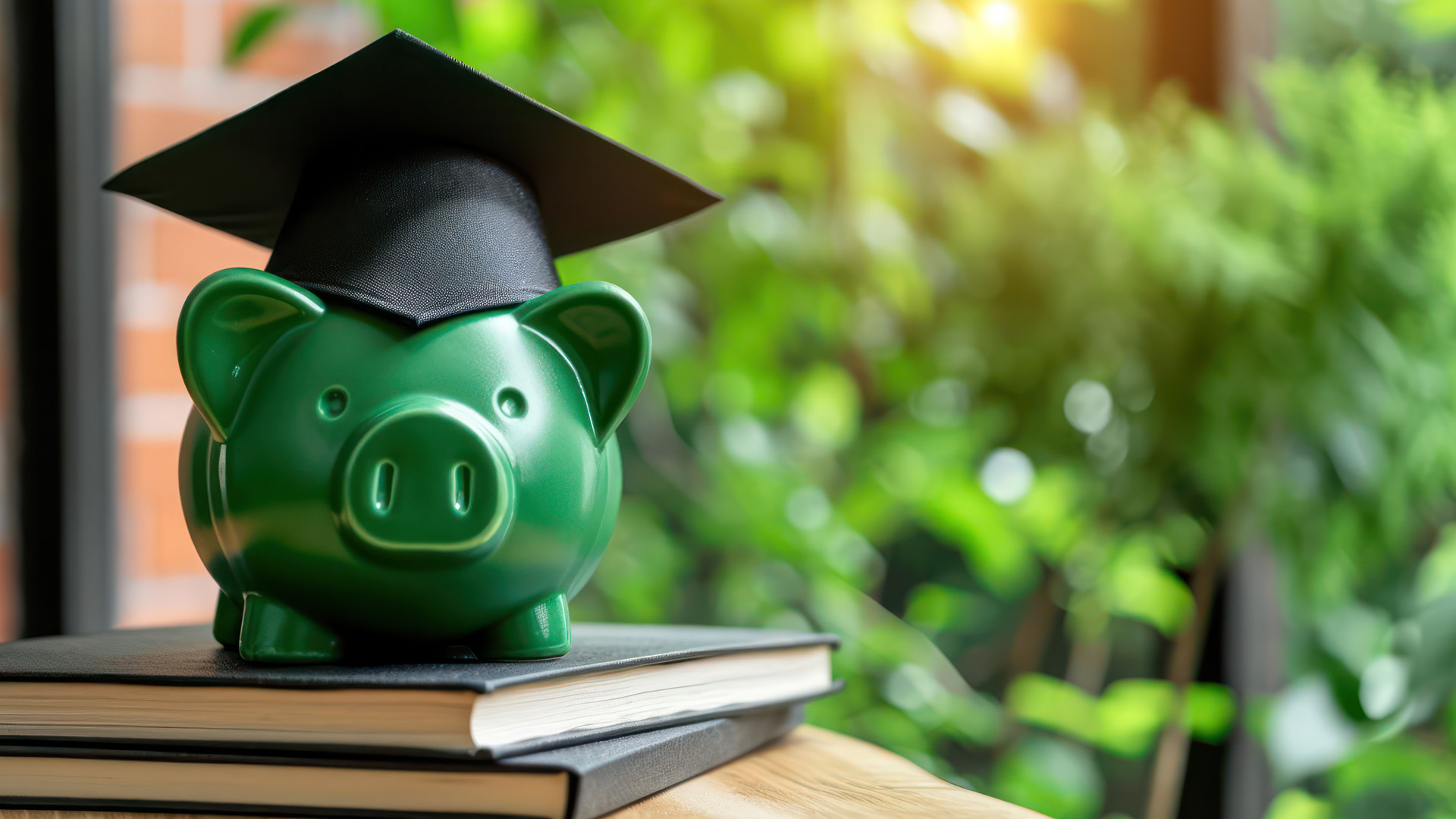 Green Piggy Bank sitting on a stack of books